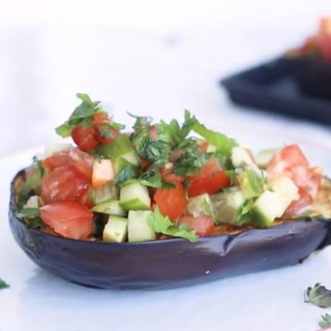 Roasted Eggplant with a Tomato Cucumber Salad 